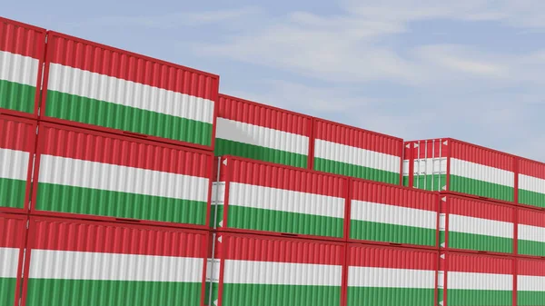 Hungary flag containers are located at the container terminal. Concept for Hungary import and export 3D.