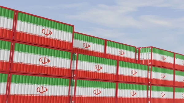 Iran flag containers are located at the container terminal. Concept for Iran import and export 3D.