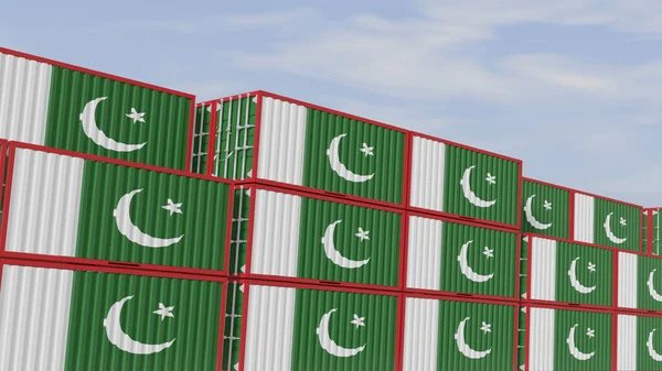 Pakistan flag containers are located at the container terminal. Concept for Pakistan import and export 3D.