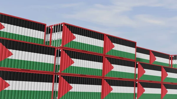 Palestine flag containers are located at the container terminal. Concept for Palestine import and export 3D.