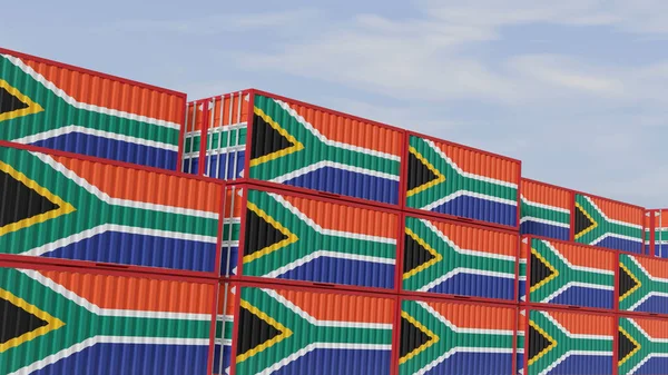 South Africa flag containers are located at the container terminal. Concept for South Africa import and export 3D.