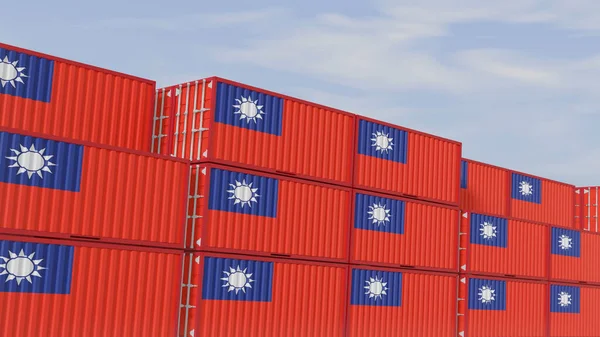 Taiwan flag containers are located at the container terminal. Concept for Taiwan import and export 3D.