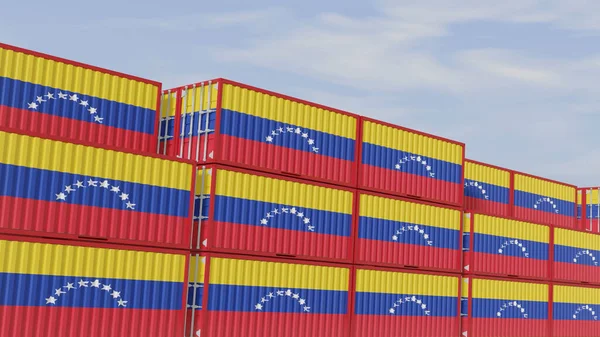 Venezuela flag containers are located at the container terminal. Concept for Venezuela import and export 3D.
