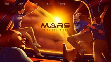 4 uzay astronotunun katılımıyla gerçekleştirilen vektör illüstrasyonu Mars 'a vardıkları için birlikte uzay gemisinde tebrik ediyor. 
