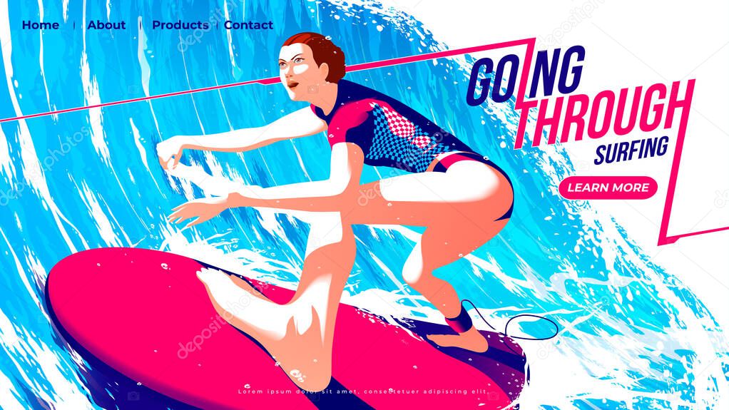 Vector illustration for ui or a landing page of surfing sport of the female surfer is riding the surfboard through the tunnel of the big wave with determination.