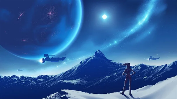 科幻小说中 一位女士站在山顶上 凝视着那浩瀚的高山风景 可以看到天上的宜居星球 在一个陌生的星球上 — 图库矢量图片
