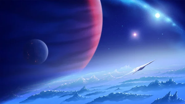Bir uzay gemisi evrenin bilinmeyen bir gezegeninden bir nebula ve dev bir gaz gezegeninin arka planına sahip olarak uçuyor.