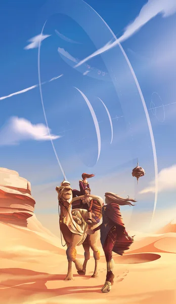 家族のSfベクトルのイラストは 軌道上の未来的な大規模な構造の背景を眺めながら 巡礼のために砂漠を旅しています — ストックベクタ