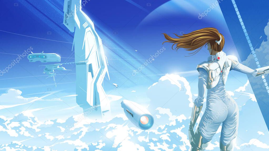 a beautiful lady standing and looking to the spacecraft is landing on the futuristic structure on an alien planet.