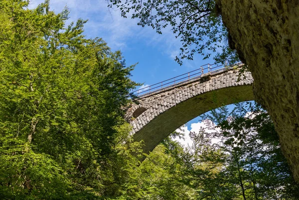 A picture of the stone train bridge that can be seen from the Vintgar Gorge visitor\'s path.