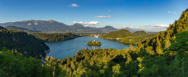 Une Image Panoramique Lac Bled Paysage Environnant Avec Île Lac — Photo