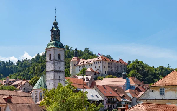 Obrázek Skofja Loka Jeho Památek Jako Hrad Kostel Jakuba — Stock fotografie