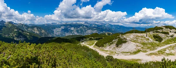 Panoramiczny Obraz Krajobrazu Parku Narodowego Triglav Widziany Ośrodka Narciarskiego Vogel — Zdjęcie stockowe