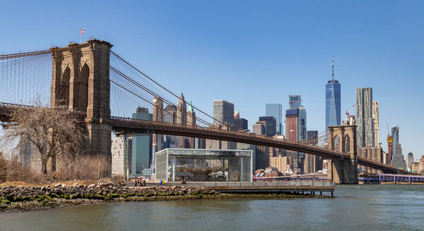 A picture of Lower Manhattan and the Brooklyn Bridge.