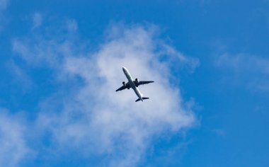 Mavi gökyüzünde uçan bir uçağın resmi..