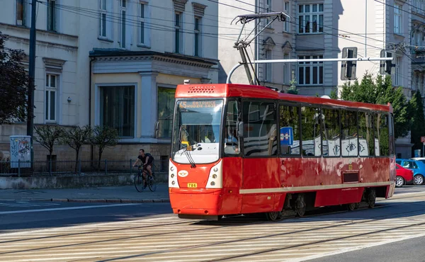 Egy Kép Egykocsis Villamosról Katowice Utcáin — Stock Fotó