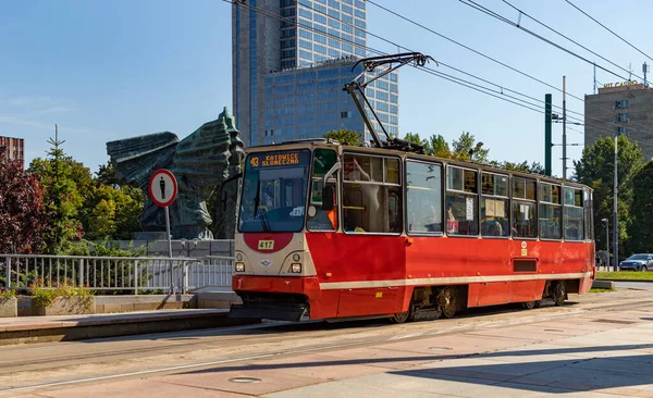 Egy Kép Egykocsis Villamosról Katowice Utcáin — Stock Fotó