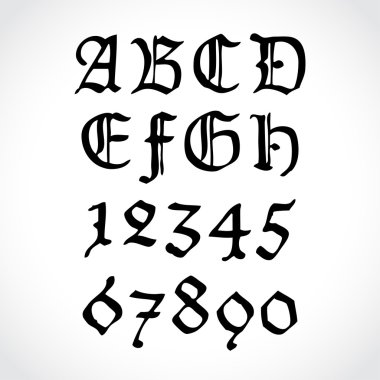 eski gothical el yazısıyla yazılmış sayılar ve harfler