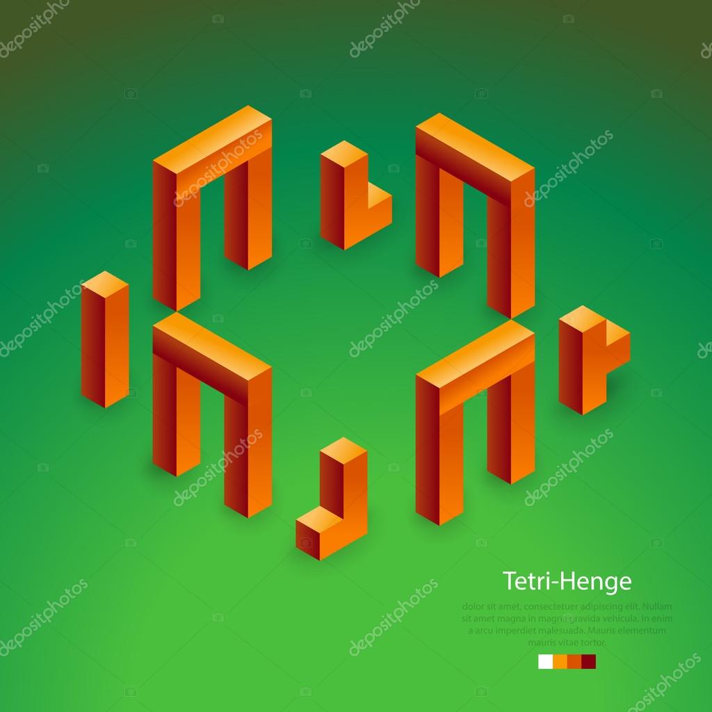 Elements from 3d cubic blocks expressing Stonehenge on green background