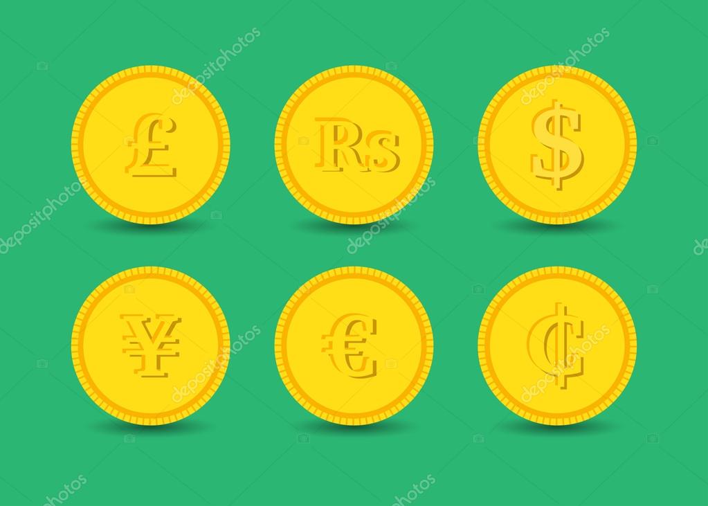 Set of coins with various currencies, illustration