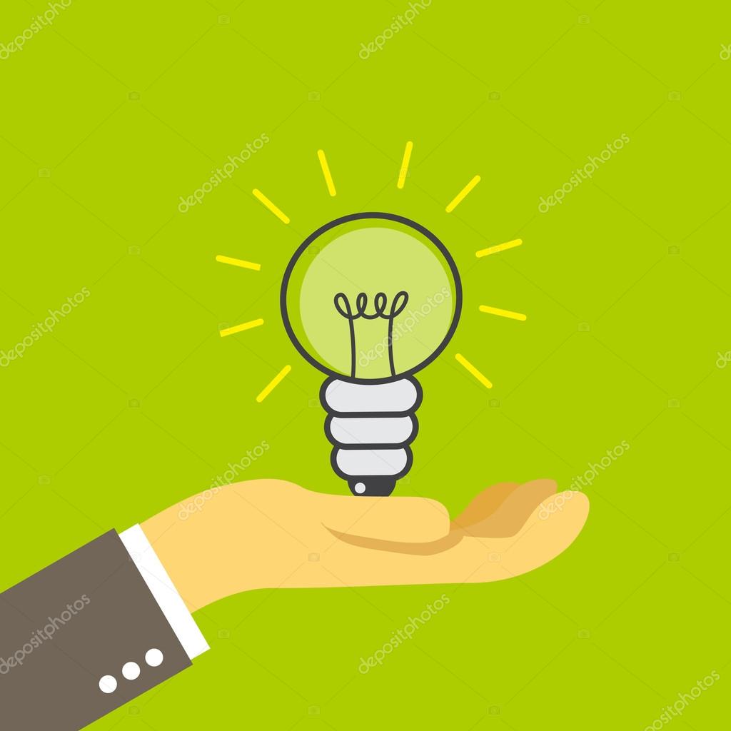 Lightbulb on human palm on green background, illustration