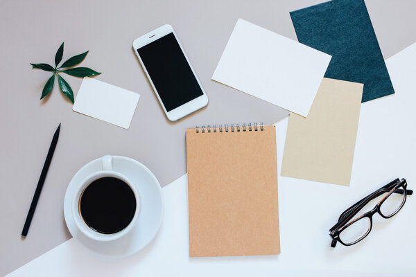 Creative flat lay photo of workspace desk