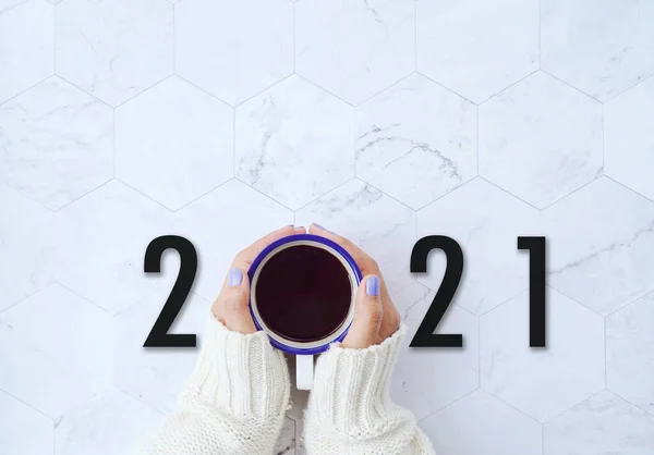 Start New Year 2021 Koncepció Top View Női Kéz Kezében — Stock Fotó