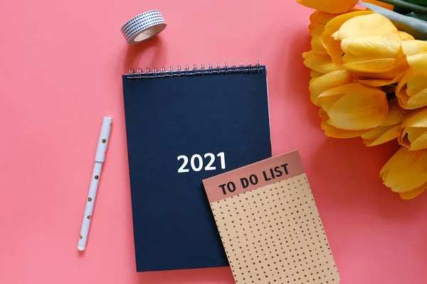 Flat Lay Top View Black Diary Planner 2021 List Note — Φωτογραφία Αρχείου