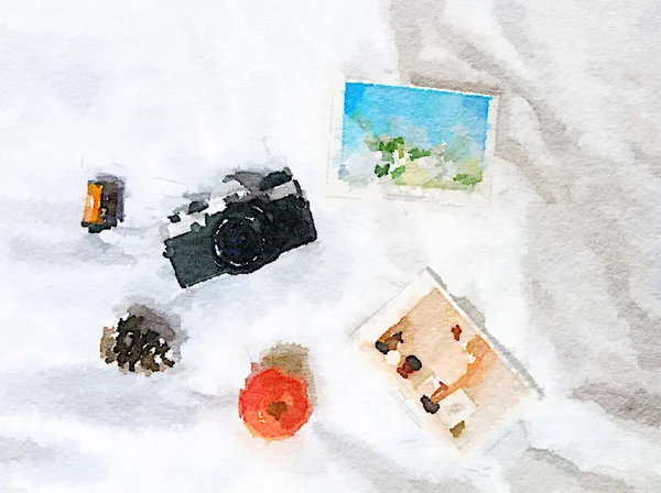 Film camera and postcards — Stock Photo, Image