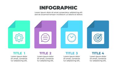 Farklı simgelere sahip dört belge tarafından temsil edilen dört aşamalı bir süreci gösteren renkli bir bilgi