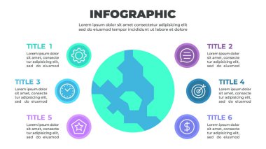 Bir dünya ve etrafını çevreleyen altı simge tarafından temsil edilen altı adımlı bir süreci gösteren renkli bir bilgi