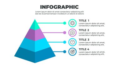 Dört katmanlı üç boyutlu bir piramit tarafından temsil edilen dört adımlı bir süreci gösteren renkli bir bilgi grafiği
