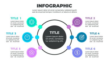 Merkezi bir başlık etrafında sıralanmış bir çemberin altı bölümünün temsil ettiği altı adımlı bir süreci gösteren renkli bir bilgi