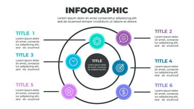 Dairesel bir şekilde düzenlenmiş altı daireyle temsil edilen altı adımlı bir süreci gösteren renkli bir bilgi
