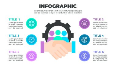 Takım çalışması ya da işbirliği ile ilgili altı adımlık bir süreci gösteren renkli bir bilgi grafiği, altı simgeyle çevrili iki kişi tarafından temsil ediliyor.