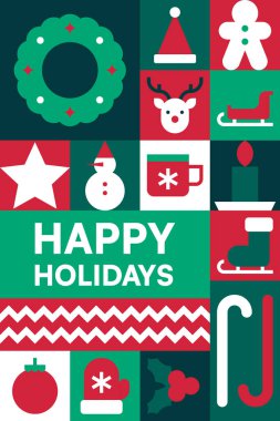 Geometrik Noel Elementleri Vektör İllüstrasyonuyla Mutlu Tatiller