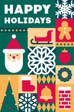 Noel Baba, Kızak ve Kar Taneleri Vektör İllüstrasyonuyla Noel Kolajı