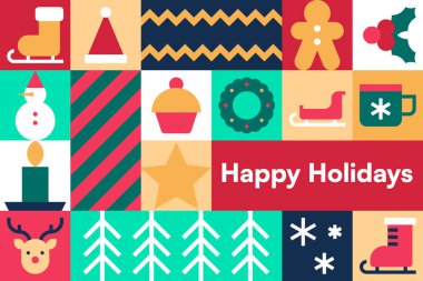 Kutlama Kış Sembolleri ve Tatil Elementleri İllüstrasyonlu Mutlu Noeller Simgesi Kolajı