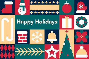 Renkli bir Noel ve bayram temalı çeşitli festival simgeleriyle ve 