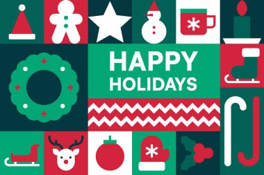 Noel Simgeleri Vektör İllüstrasyonlu Mutlu Bayramlar Kartı