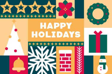 Noel Simgeleri Vektör İllüstrasyonlu Mutlu Bayramlar Kartı