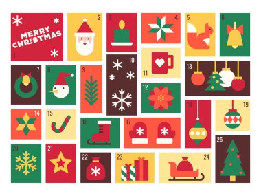 Noel Simgeleri ve Kutlama Elementleri Vektörü İllüstrasyonuyla Canlı Advent Takvimi