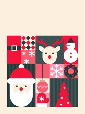 Noel Baba, Ren Geyiği ve Açık Bej Arkaplan Üzerine Tatil Simgeleriyle Minimalist Noel Yontması Vektör İlülasyonu