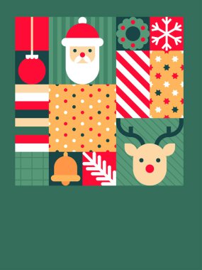 Noel Baba, Ren Geyiği ve Yeşil Arkaplanda Tatil Simgeleriyle Noel Yontması Vektör İlülasyonu