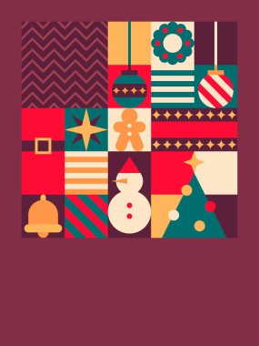 Süslü, zencefilli ve Kırmızı Arkaplanda Bayram Simgeleriyle klasik Noel Şablonu