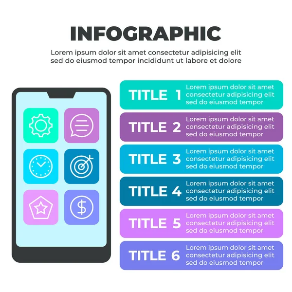 Altı simgeyle sıralanmış bir akıllı telefon tarafından temsil edilen altı adımlı bir süreci gösteren renkli bir bilgi grafiği