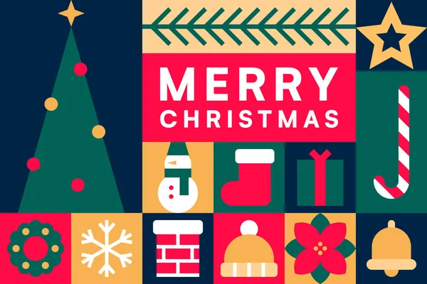 Noel Ağacı ve Tatil Simgeleri Vektör İllüstrasyonlu Mutlu Noeller Grafik Kolajı