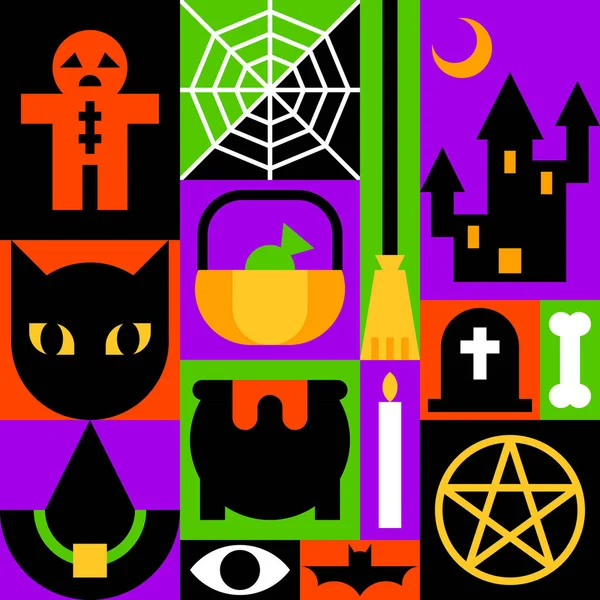 Cadılar Bayramı Element Simgesi Vektör İllüstrasyonlu Renkli Cadılar Bayramı Kolajı