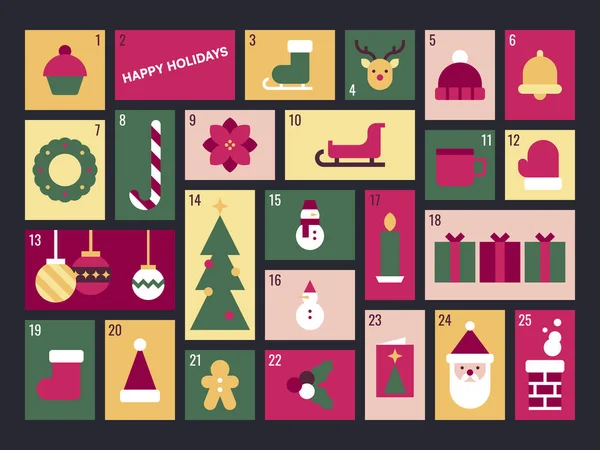 Festive Icons ve Renkli Bloklar Vektör İllüstrasyonlu Düz Noel Adventi Takvimi