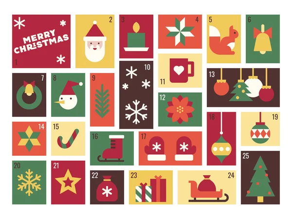 Noel Simgeleri ve Kutlama Elementleri Vektörü İllüstrasyonuyla Canlı Advent Takvimi